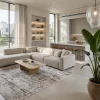 שטיח מודרני אבסטרקט אפור קרם דגם אלור 8642, Curated Artisanal Modern, Soft Mediterranean afternoon daylight, lifestyle props.