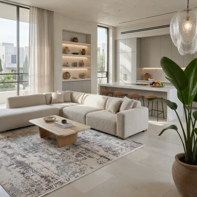 שטיח מודרני אבסטרקט אפור קרם דגם אלור 8642, Curated Artisanal Modern, Soft Mediterranean afternoon daylight, lifestyle props.
