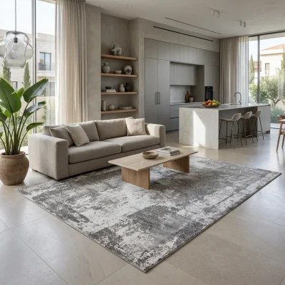 שטיח מודרני אבסטרקט 4G, Curated Artisanal Modern, Soft Mediterranean afternoon daylight, lifestyle props.