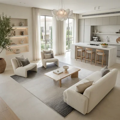 לגוס 16 אומברה גוון קרם אפור XXL, Spacious open-plan contemporary Israeli living room with integrated kitchen, Soft, natur...