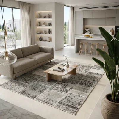 טלאים בז' עבודת יד, Curated Artisanal Modern, Soft Mediterranean afternoon daylight, lifestyle props.