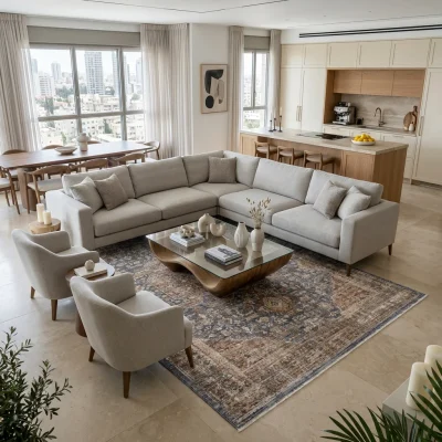 שטיח סופר וינטג׳ PERU 11, lifestyle props, Contemporary Israeli Penthouse Luxury, Soft Window Light.