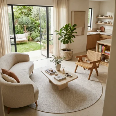 שטיח בנגל לולאות דאבל משולב גוון טבעי עגול, Israeli Garden Apartment, lifestyle props, Soft, sunny daylight filtering thro...