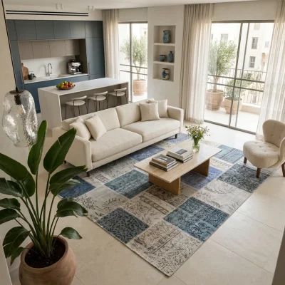 טלאים_תכלת_בז עבודת יד, Curated Artisanal Modern, Soft Mediterranean afternoon daylight, lifestyle props.