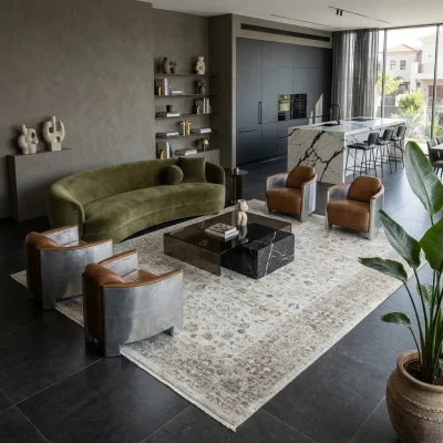 שטיח סופר וינטג׳ PERU 12, Contemporary Israeli Open-Plan Living Room, excessive props, Bold, artistic modern eclectic, Sof...