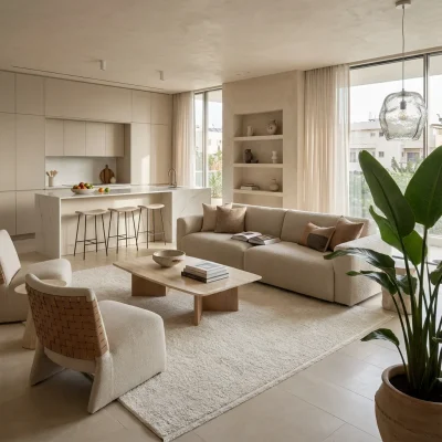 שטיח מודרני EVITA מושלג 7278, Curated Artisanal Modern, Soft Mediterranean afternoon daylight, lifestyle props.