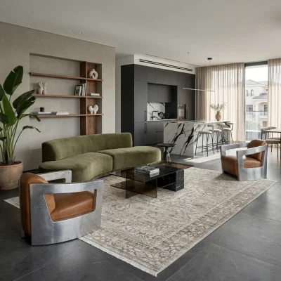 שטיח סופר וינטג׳ PERU 13, Contemporary Israeli Open-Plan Living Room, excessive props, Bold, artistic modern eclectic, Sof...
