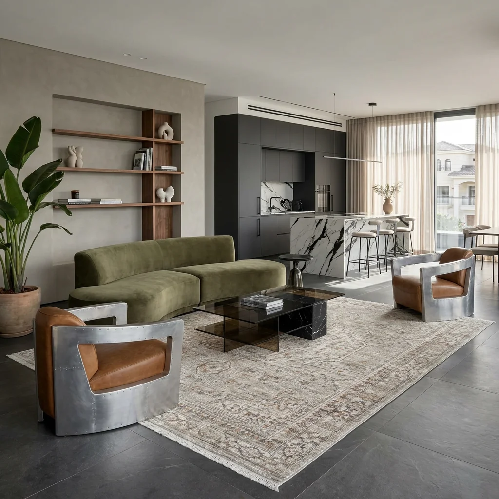 שטיח סופר וינטג׳ PERU 13, Contemporary Israeli Open-Plan Living Room, excessive props, Bold, artistic modern eclectic, Sof...