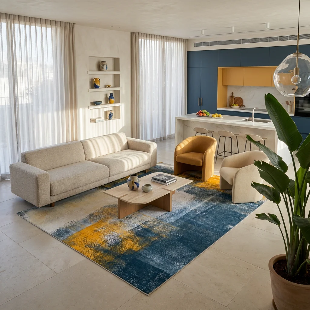 שטיח לוקה LUCCA 240, Curated Artisanal Modern, Soft Mediterranean afternoon daylight, lifestyle props.