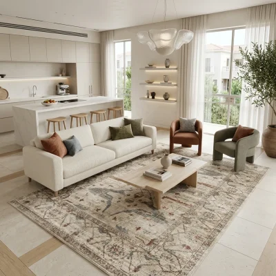 שטיח וינטג' 5517-00 XXL, Spacious open-plan contemporary Israeli living room with integrated kitchen, Soft, natural Medite...