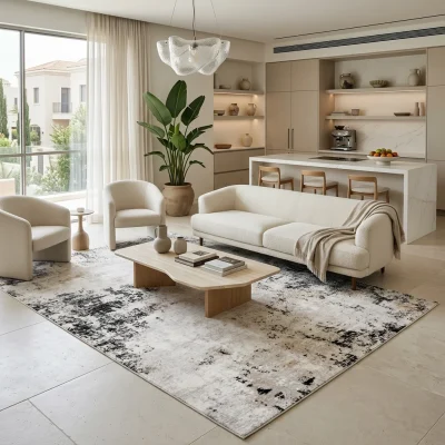 שטיח מארה גוון אפור שחורXXL MARA 392, Spacious open-plan contemporary Israeli living room with integrated kitchen, Soft, n...