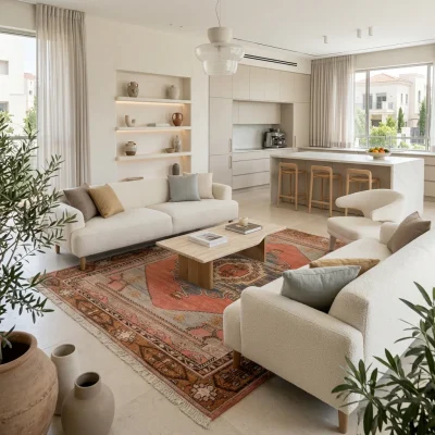שטיח וינטג' ויולה 3840 XXL, Spacious open-plan contemporary Israeli living room with integrated kitchen, Soft, natural Med...