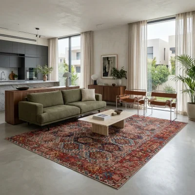 שטיח אתני אנדולו 03 בעבודת מכונה, Open-plan, Central Israeli apartment, Complimentary (Adaptive), lifestyle props, Contemp...