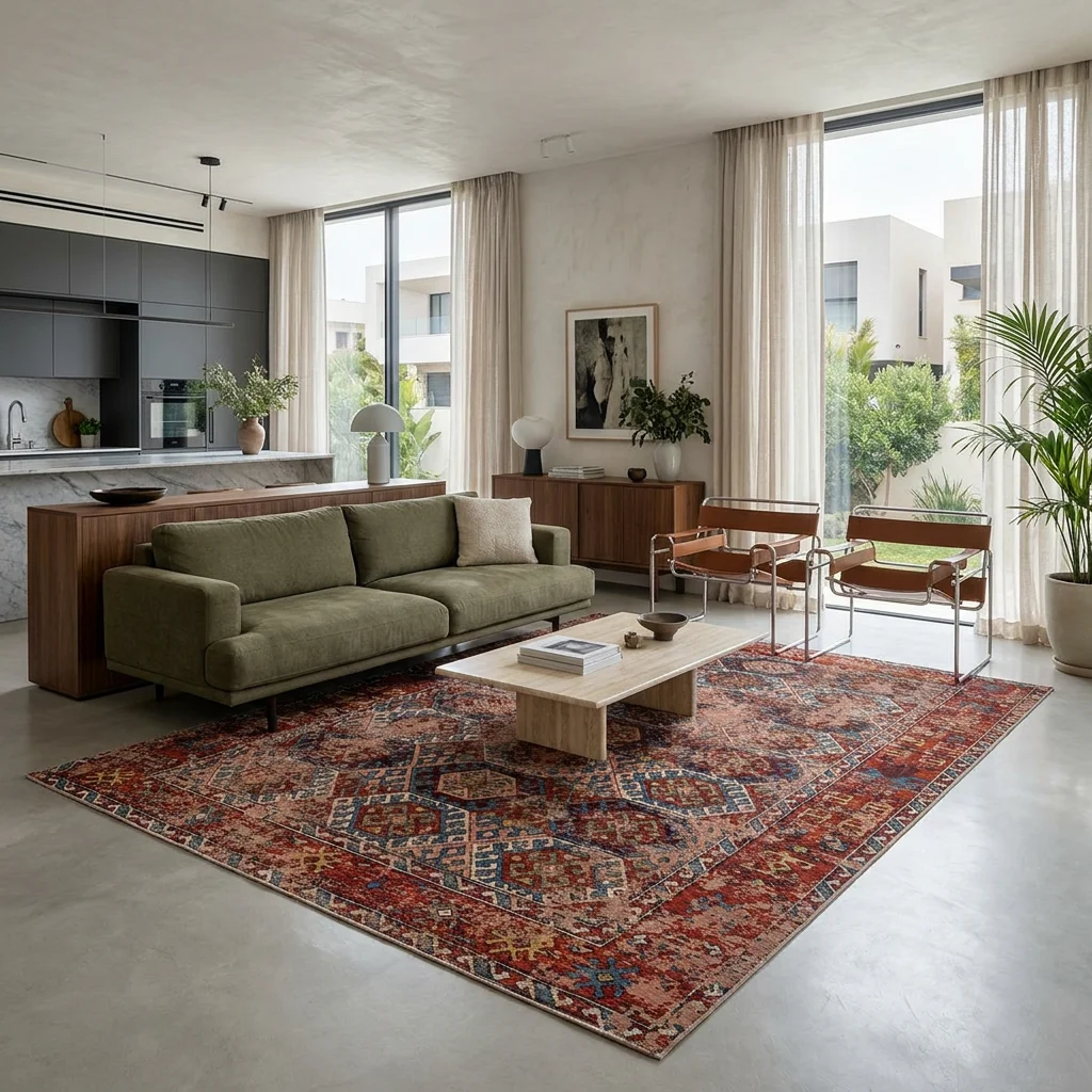 שטיח אתני אנדולו 03 בעבודת מכונה, Open-plan, Central Israeli apartment, Complimentary (Adaptive), lifestyle props, Contemp...