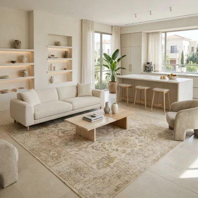 שטיח וינטג' זיגלר גולד 5490-01 XXL, Spacious open-plan contemporary Israeli living room with integrated kitchen, Soft, nat...