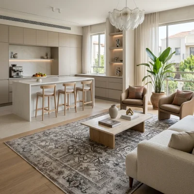 שטיח וינטג' קשמיר בז' פודרה 2 XXL, Spacious open-plan contemporary Israeli living room with integrated kitchen, Soft, natu...