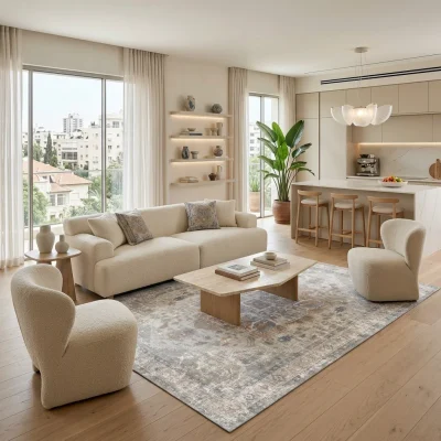 שטיח וינטג' ווש 2020-05 XXL, Spacious open-plan contemporary Israeli living room with integrated kitchen, Soft, natural Me...