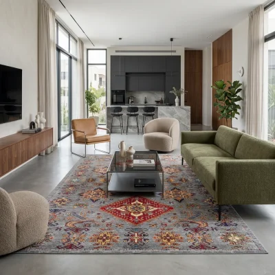 שטיח דגם קזאק אפור 743-02, Open-plan, Central Israeli apartment, Complimentary (Adaptive), lifestyle props, Contemporary I...