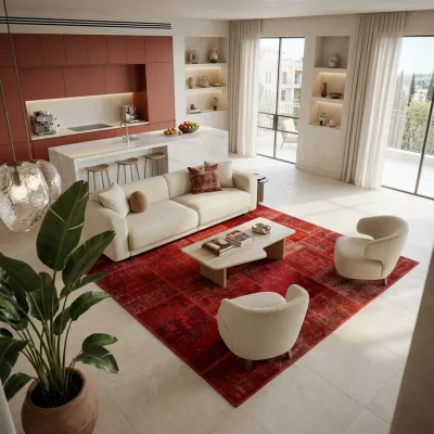טלאים אדום עבודת יד, Curated Artisanal Modern, Soft Mediterranean afternoon daylight, lifestyle props.