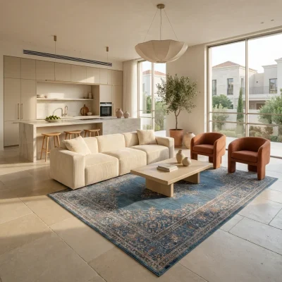 שטיח דגם נמסיס מדליון PTA 18 נייבי, Open-plan living room in a contemporary Israeli home, lifestyle props, New Mediterrane...