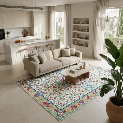 שטיח וינטג' טולדו 1463, Curated Artisanal Modern, Soft Mediterranean afternoon daylight, lifestyle props.
