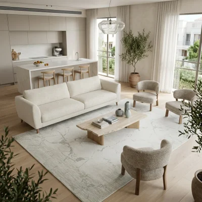 לגוס 20 קרם אפור XXL, Spacious open-plan contemporary Israeli living room with integrated kitchen, Soft, natural Mediterra...