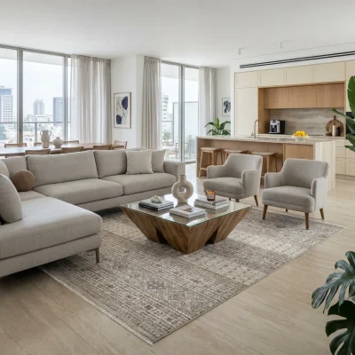 שטיח סופר וינטג׳ PERU 07, lifestyle props, Contemporary Israeli Penthouse Luxury, Soft Window Light.