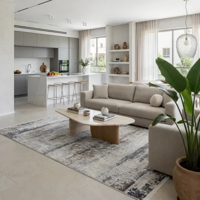 שטיח מודרני אפור בז' אלור 5757, Curated Artisanal Modern, Soft Mediterranean afternoon daylight, lifestyle props.