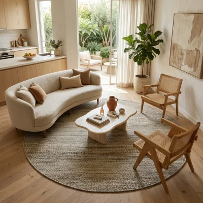 שטיח חבל/צמר מעוצב עגול גוון אפור 24, Israeli Garden Apartment, lifestyle props, Soft, sunny daylight filtering through la...