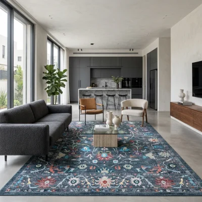 שטיח וינטג' גלאטה 5356, Open-plan, Central Israeli apartment, Industrial Grey, lifestyle props, Soft Window Light.