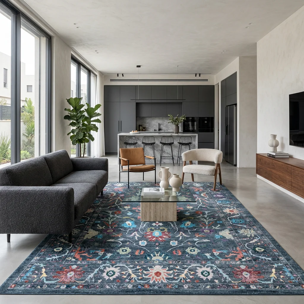 שטיח וינטג' גלאטה 5356, Open-plan, Central Israeli apartment, Industrial Grey, lifestyle props, Soft Window Light.