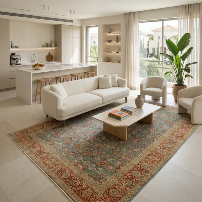 שטיח וינטג' מוסול 3955-00 XXL, Spacious open-plan contemporary Israeli living room with integrated kitchen, Soft, natural ...
