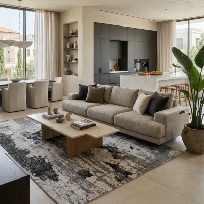שטיח לוקה LUCCA 378, Curated Artisanal Modern, Soft Mediterranean afternoon daylight, lifestyle props.