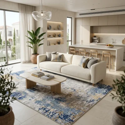 שטיח לוקה XXL LUCCA 180, Spacious open-plan contemporary Israeli living room with integrated kitchen, Soft, natural Medite...