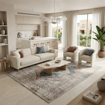 שטיח וינטג' בילבאו 3181-01 XXL, Spacious open-plan contemporary Israeli living room with integrated kitchen, Soft, natural...