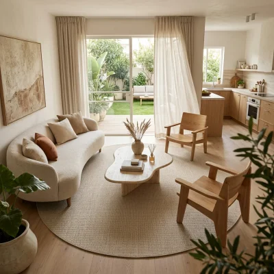שטיח עגול ונטורה טבעי L.BEIGE 2703, Israeli Garden Apartment, lifestyle props, Soft, sunny daylight filtering through larg...