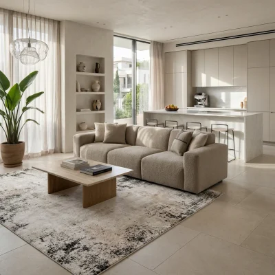 שטיח מארה גוון אפור שחור MARA 392, Curated Artisanal Modern, Soft Mediterranean afternoon daylight, lifestyle props.