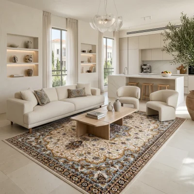 שטיח וינטג' קשמיר 145 XXL, Spacious open-plan contemporary Israeli living room with integrated kitchen, Soft, natural Medi...