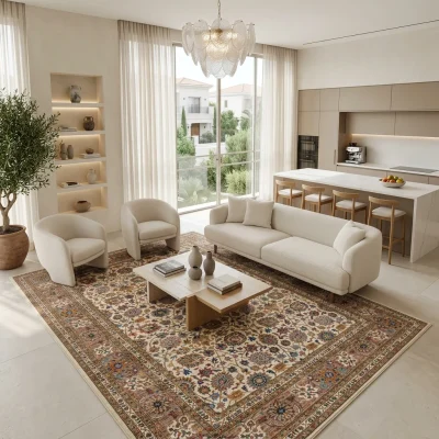 שטיח דוגמת זיגלר 1966-01 XXL, Spacious open-plan contemporary Israeli living room with integrated kitchen, Soft, natural M...