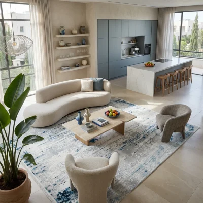 שטיח מודרני אבסטרקט כחול 8757, Curated Artisanal Modern, Soft Mediterranean afternoon daylight, lifestyle props.