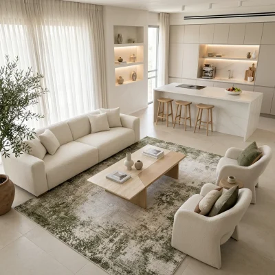 שטיח מארה גוון אוליבXXL MARA 392, Spacious open-plan contemporary Israeli living room with integrated kitchen, Soft, natur...