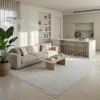 שטיח מודרני EVITA ברבור 10002, Curated Artisanal Modern, Soft Mediterranean afternoon daylight, lifestyle props.