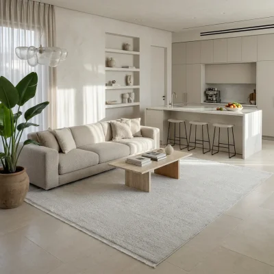 שטיח מודרני EVITA ברבור 10002, Curated Artisanal Modern, Soft Mediterranean afternoon daylight, lifestyle props.