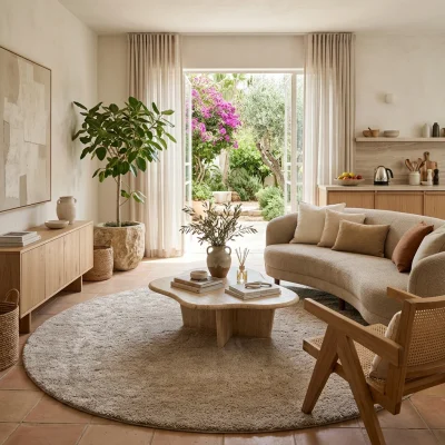 שטיח עגול בז' קומפורט SALE, Israeli Garden Apartment, lifestyle props, Soft, sunny daylight filtering through large glass ...