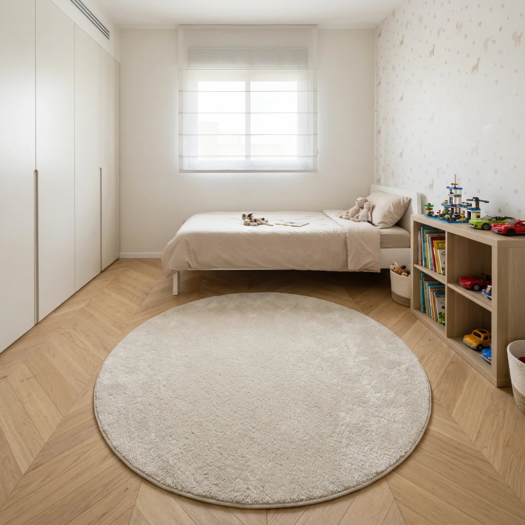 שטיח קלהארי בז' C703 עגול, Israeli Children's Bedroom, Scandi Neutrals, lifestyle props, Soft Window Light.