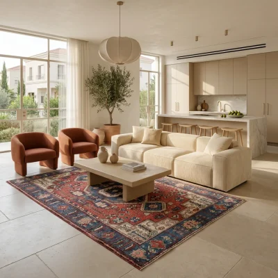 שטיח וינטג' קפדוקיה 3611-00, Open-plan living room in a contemporary Israeli home, lifestyle props, New Mediterranean-Mode...