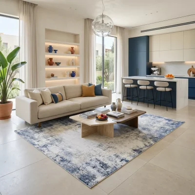 שטיח מארה גוון נייבי MARA 392, Curated Artisanal Modern, Soft Mediterranean afternoon daylight, lifestyle props.