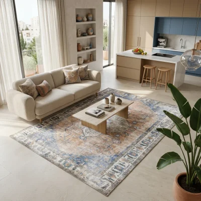 שטיח וינטג' מדליון 3163, Curated Artisanal Modern, Soft Mediterranean afternoon daylight, lifestyle props.