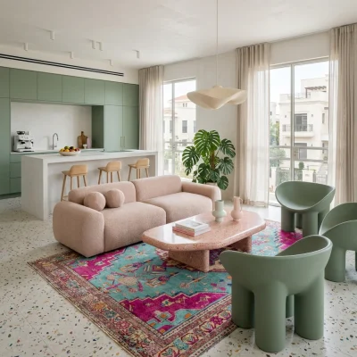 שטיח וינטג' מדליון טורקיז ורוד 3147-01, Playful Luxury Modern, soft, natural Mediterranean afternoon daylight creating gen...
