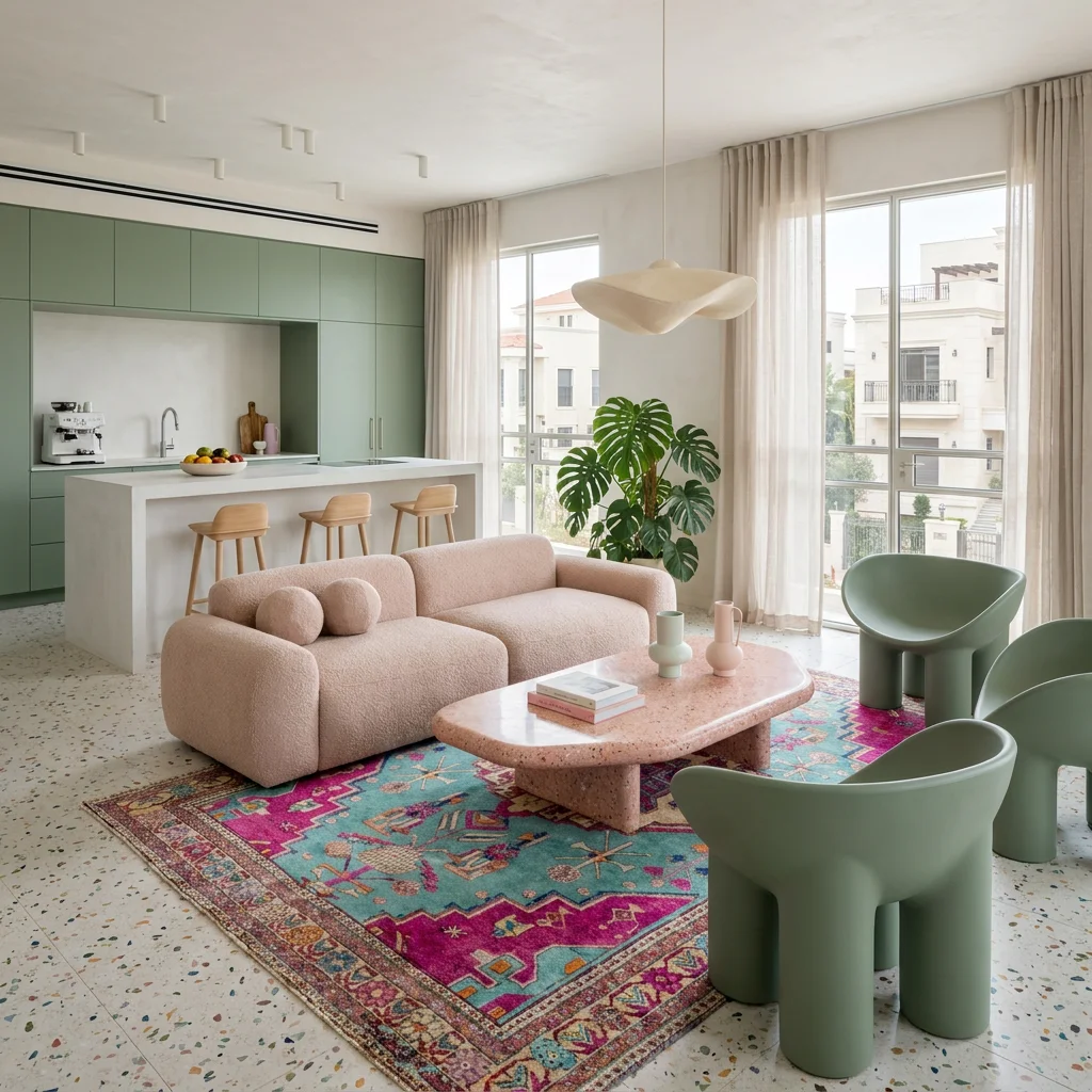 שטיח וינטג' מדליון טורקיז ורוד 3147-01, Playful Luxury Modern, soft, natural Mediterranean afternoon daylight creating gen...